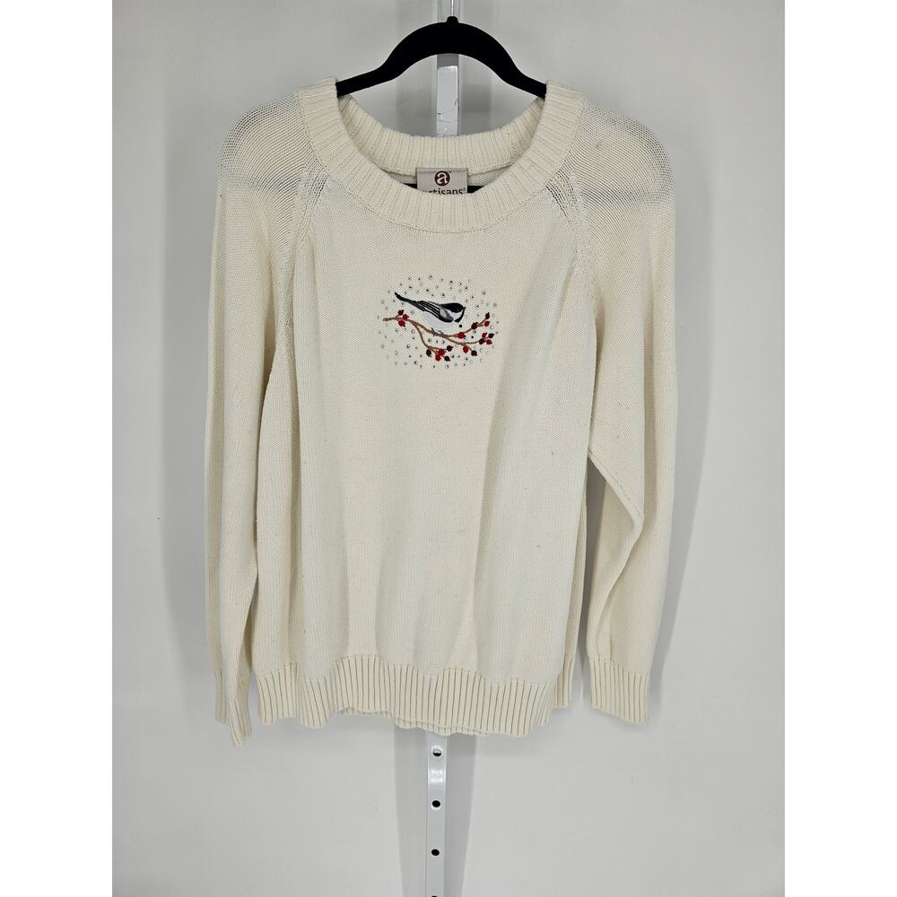 Artisans Womens Bird Embroidered Rhinestone Long Sleeve White Sweater Size XXL